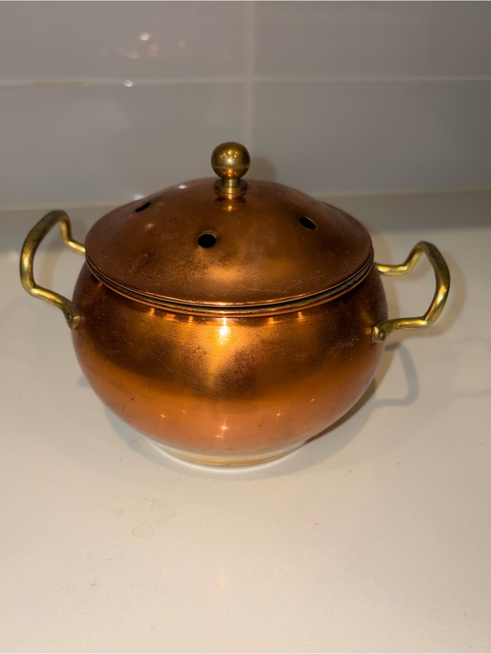 Vintage Copper Two-Handle Lidded Vented Simmer Pot for Incense or Potpourri